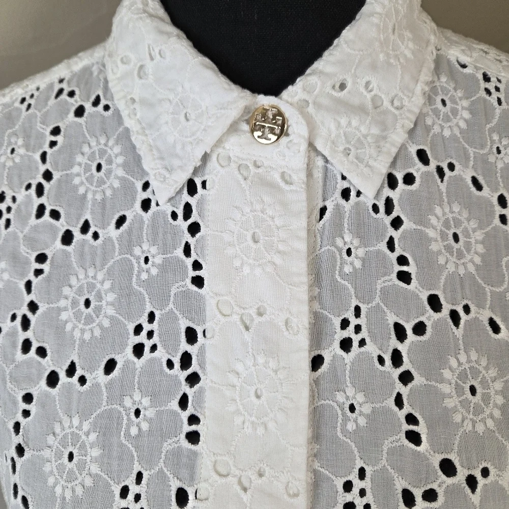 TORY BURCH White Eyelet Cotton‎ Hidden Placket Shirt Size XS
